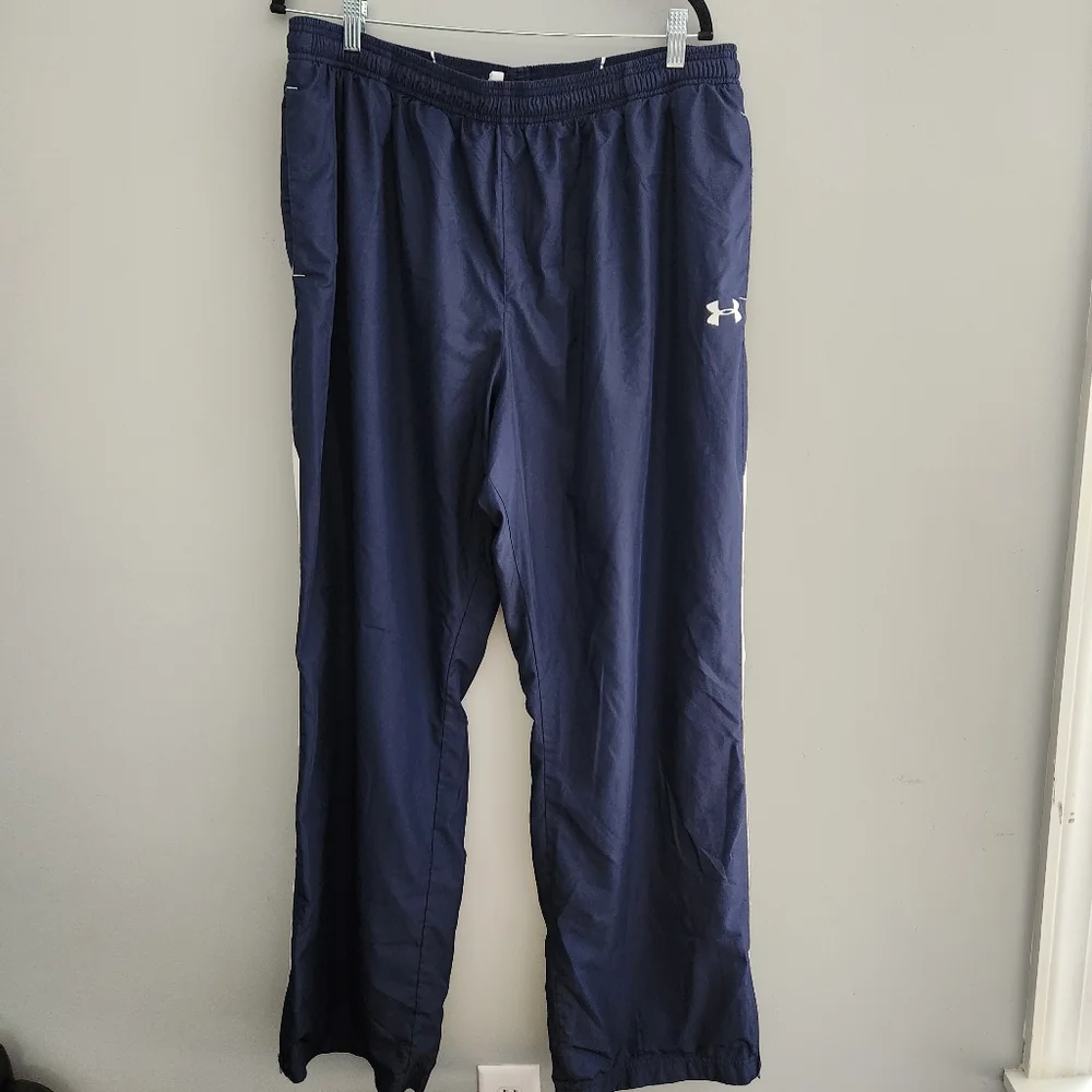 Men's Blue Under Amour Loose Athletic Pants with White Side Stripe and Zipper